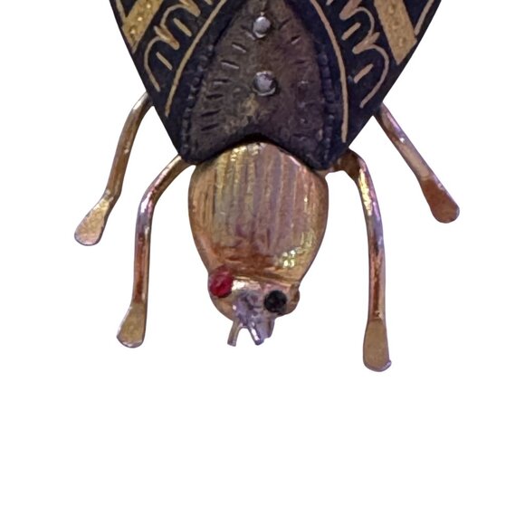 Vtg 70s Insect Brooch/Pin Gold Tone Black Enamel Wings Geometric Pattern Wings - Picture 5 of 7